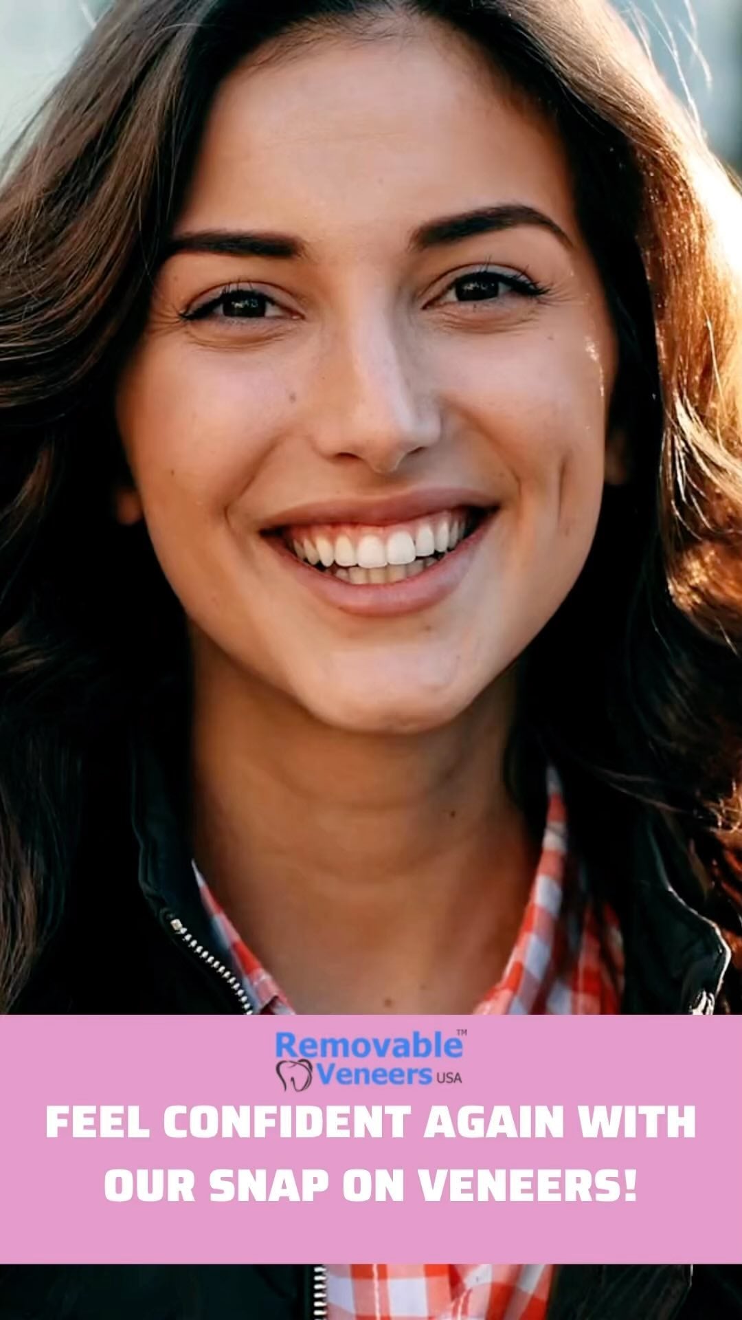 A person smiling confidently with Snap-On veneers, demonstrating how these removable dental veneers can help restore one's confidence and make them feel good about their smile again