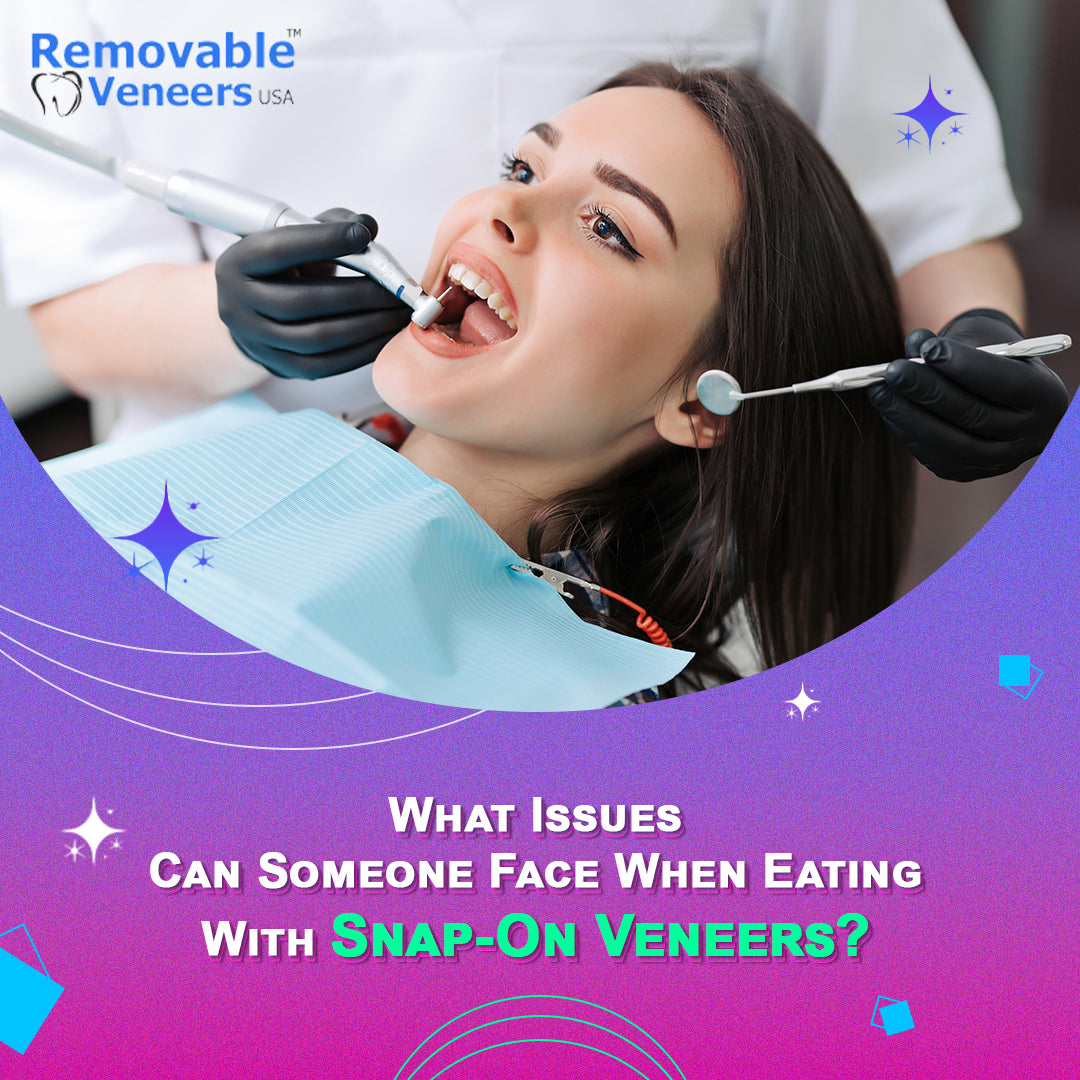 A woman smiling while eating, showcasing the ability of the best Snap-On veneers to be comfortably worn while eating, without compromising their fit or durability